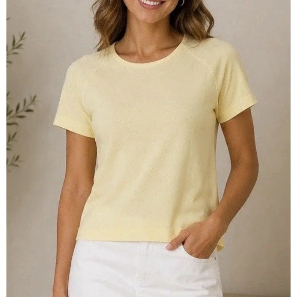 Women’s Butter Yellow Compression Top Stretch Crew Neck Short Sleeve Knit Tee
